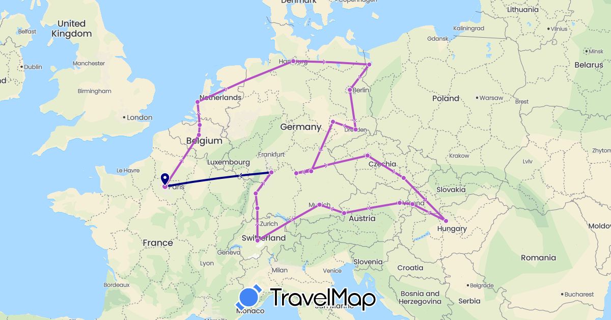 TravelMap itinerary: driving, train in Austria, Belgium, Switzerland, Czech Republic, Germany, France, Hungary, Netherlands, Poland, Slovakia (Europe)